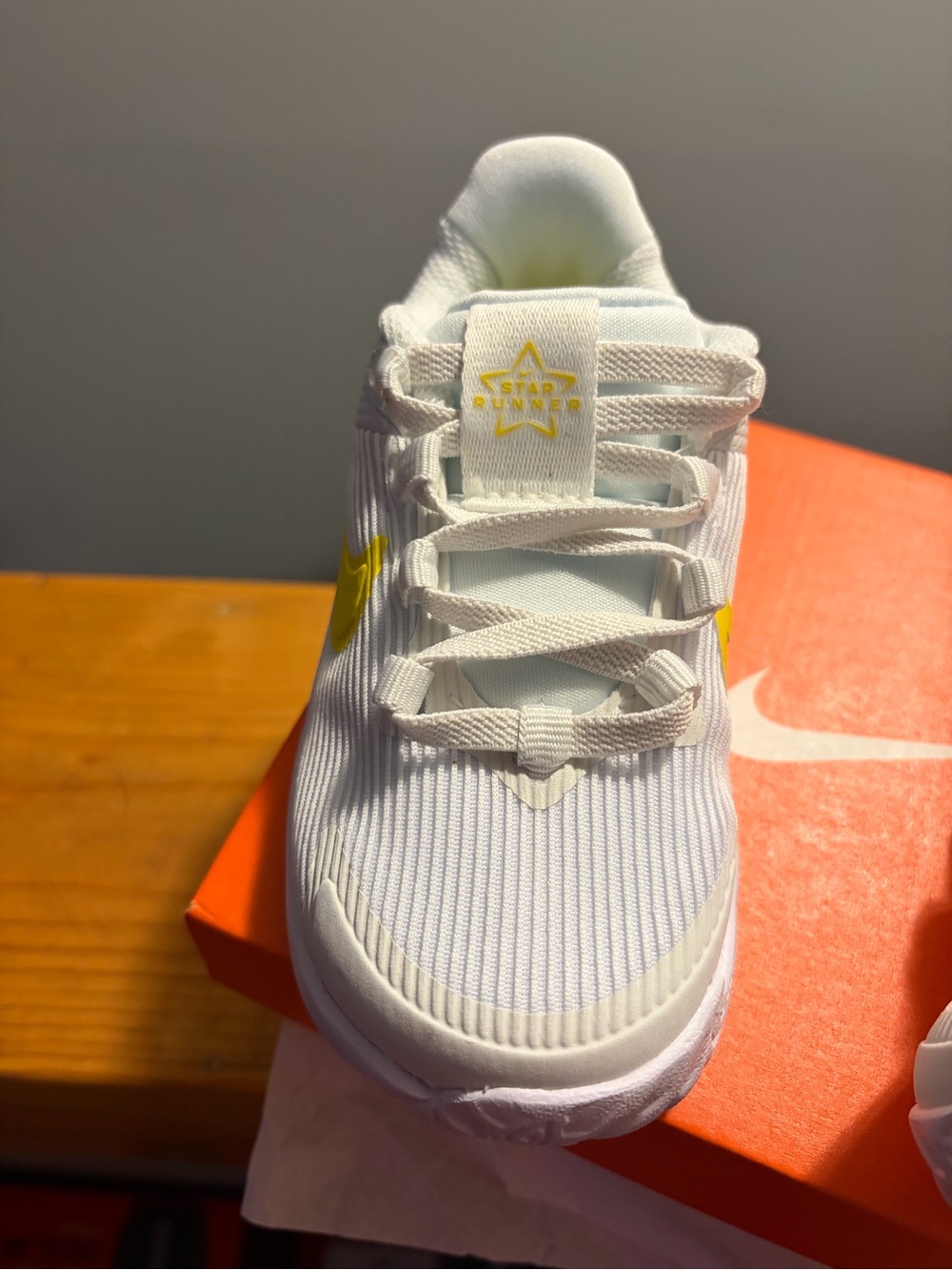 Nike Kids White Sneakers with Yellow Swoosh - Picture 2 of 5